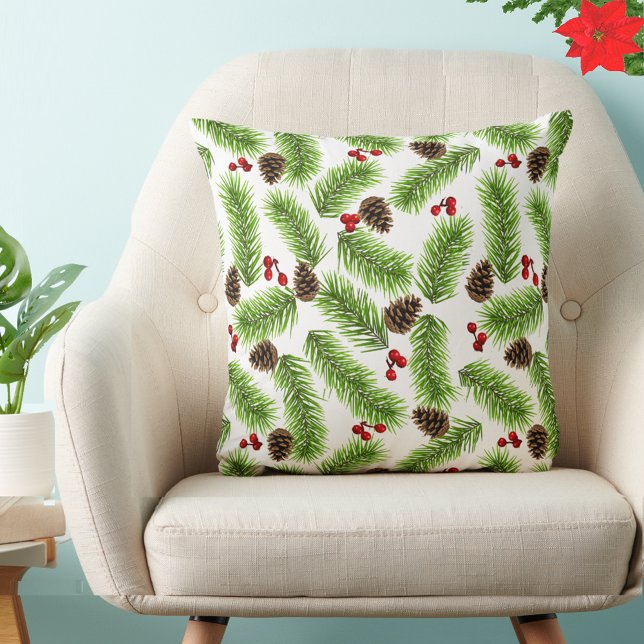 Coussin Feuilles de pin de Noël, cônes et baies rouges (Créateur téléchargé)