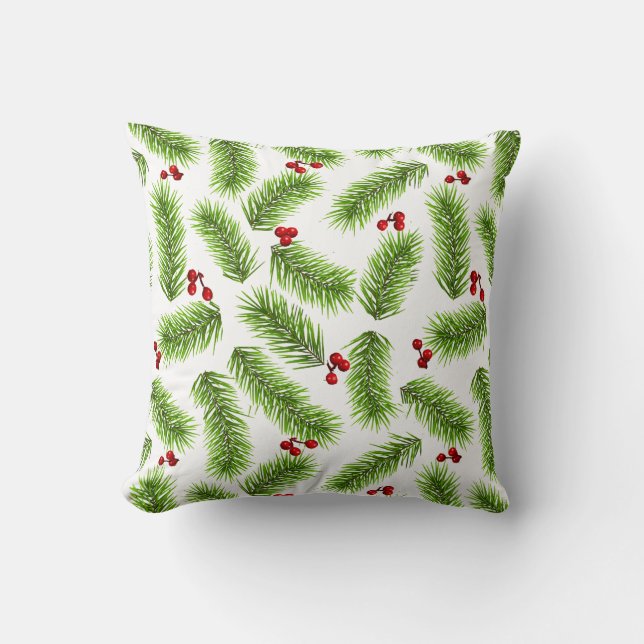 Coussin Feuilles de pin vertes de Noël et baies rouges sur (Recto)