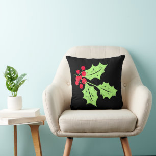 Coussin Feuilles et baies de houx à l'aquarelle