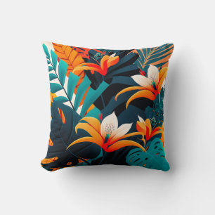 Coussin Feuilles et fleurs tropicaux colorés et élégants