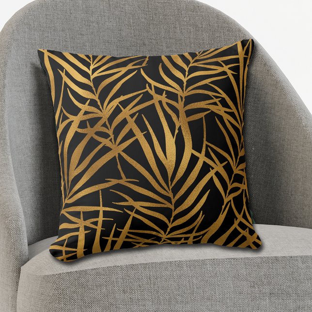 Coussin Feuilles Gold Tropical sur Black (Créateur téléchargé)