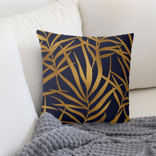Coussin Feuilles Gold Tropical sur Navy Blue (Créateur téléchargé)