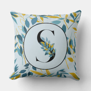 Coussin Feuilles Modernes Navy Or Lettre "S"