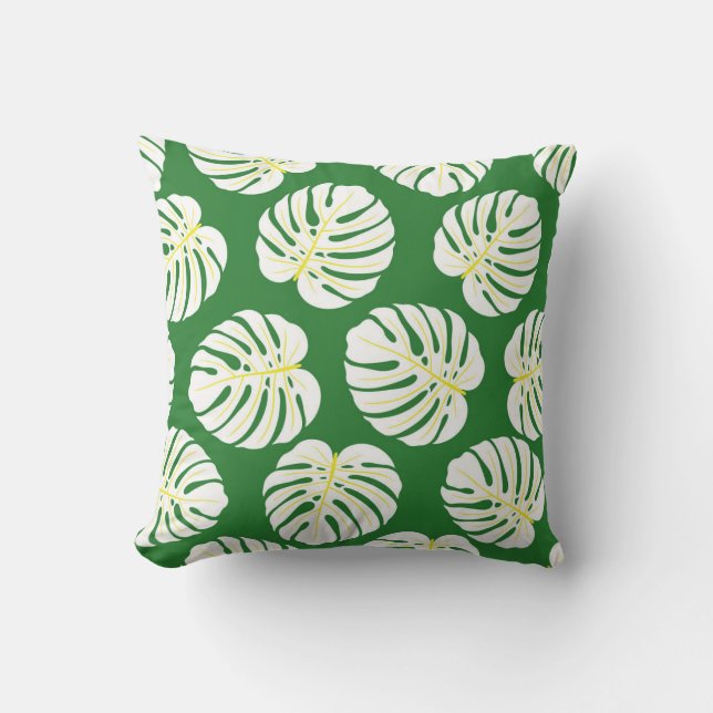 Coussin Feuilles Monstera, Vintage vert foncé. (Recto)