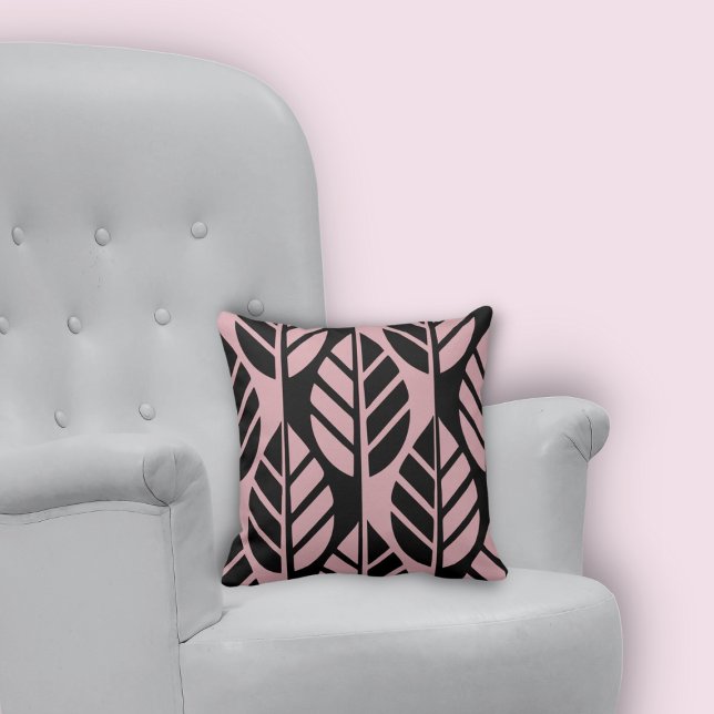 Coussin Feuilles noirs et roses minimes stylisés (Minimal Stylized Black and Pink Leaves Pattern Throw Pillow)