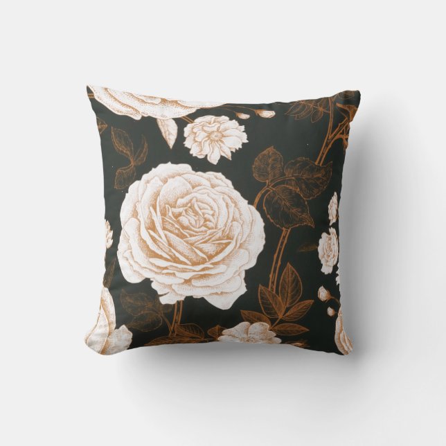 Coussin Feuilles Roses vintages Black Gold (Recto)