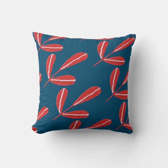 Coussin Feuilles rouges sur bleu (Recto)