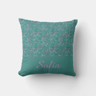 Coussin Feuilles stylisées rose et turquoise motif bleu