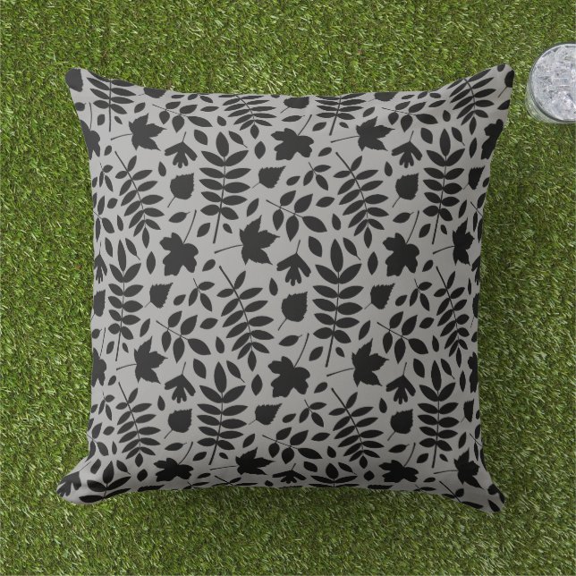 Coussin Feuilles tombés Rpt Motif noir sur gris (Herbe)