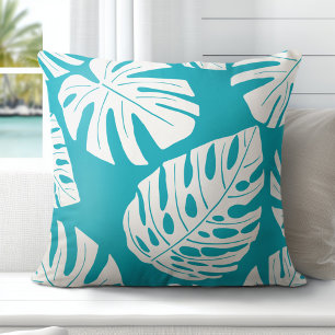 Coussin Feuilles Tropical Aqua Blue White Palm Monstera