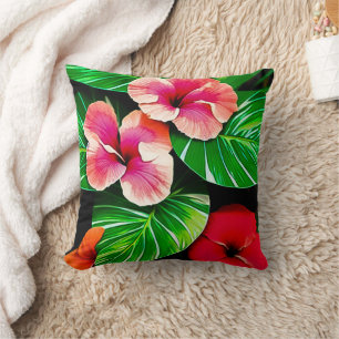 Coussin Feuilles tropicales colorées et fleurs d'Hibiscus