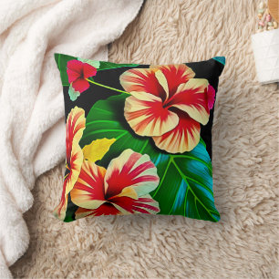 Coussin Feuilles tropicales colorées et fleurs d'Hibiscus
