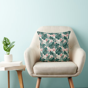 Coussin Feuilles tropicales de Monstera et orchidées délic