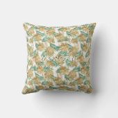 Coussin Feuilles tropicales dorées/vertes, nom blanc perso (Verso)