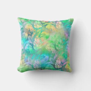 Coussin Feuilles tropicales irisées pastel rose violet ble