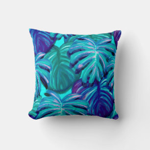 Coussin Feuilles tropicales sarcelle bleue