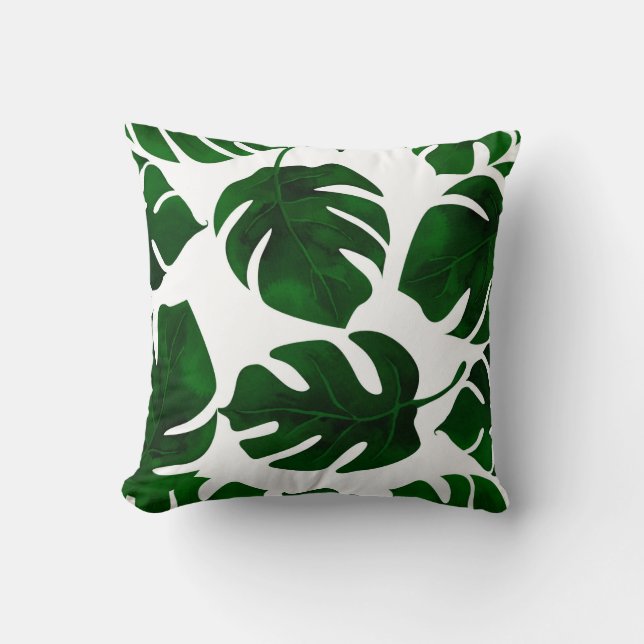 Coussin Feuilles tropicales vert foncé blanc été chic (Recto)