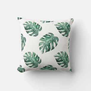 Coussin Feuilles tropicales vertes, motif aquarelle