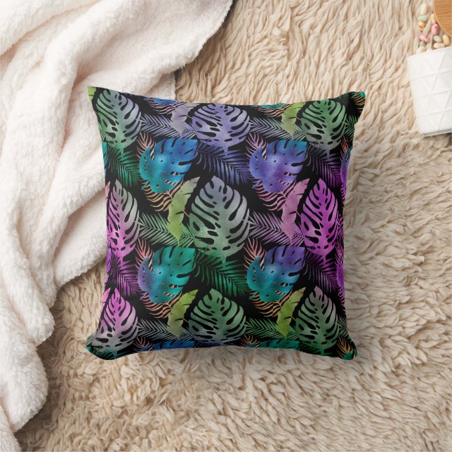 Coussin Feuilles tropicales violet sarcelle noir iridescen (Couverture)