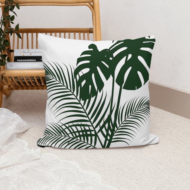 Coussin Feuilles tropicaux 1 vert foncé sur blanc (Créateur téléchargé)