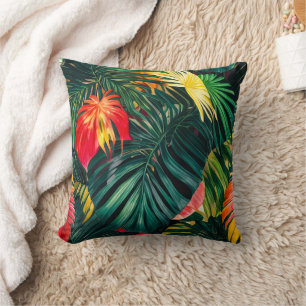 Coussin Feuilles tropicaux colorés et fleurs d'Hibiscus