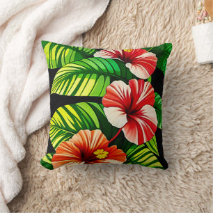 Coussin Feuilles tropicaux colorés et fleurs d'Hibiscus