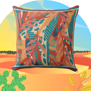 Coussin Feuilles tropicaux contemporains en Rouge Turquois