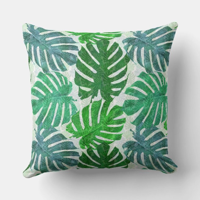 Coussin Feuilles tropicaux de palmiers bleus et verts (Verso)