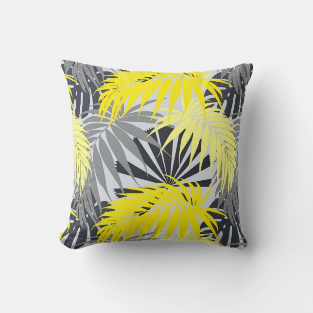 Coussin Feuilles tropicaux en jaune et gris (Recto)