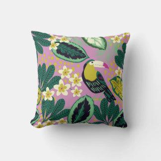 Coussin Feuilles tropicaux, fleurs et toucan oiseau transp