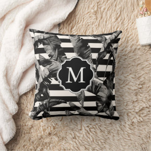 Coussin Feuilles tropicaux noirs et blancs