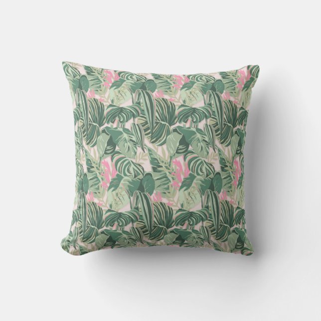 Coussin Feuilles tropicaux verts et roses | Cabane (Recto)