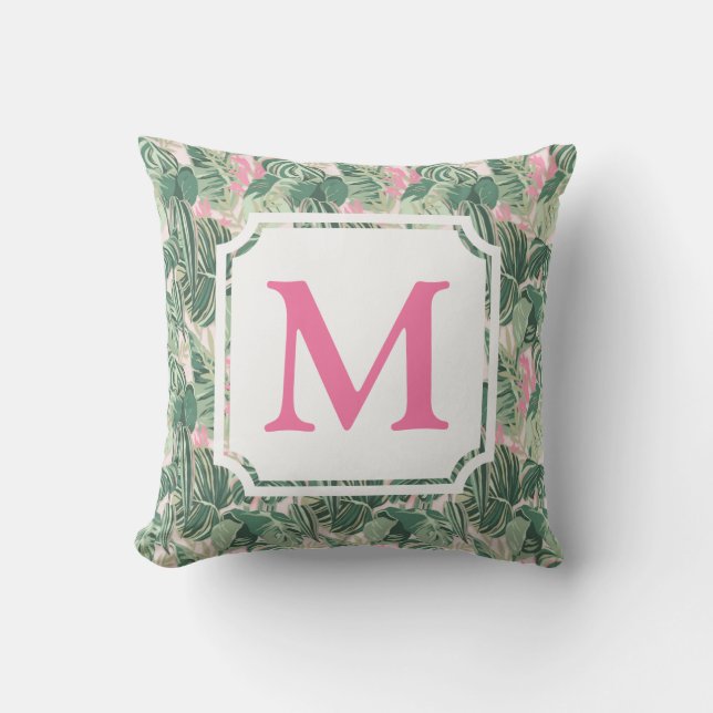 Coussin Feuilles tropicaux verts et roses | Monogramme Cab (Recto)