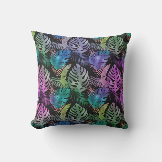 Coussin Feuilles tropicaux Violet Turquoise Noir Iridescen (Recto)