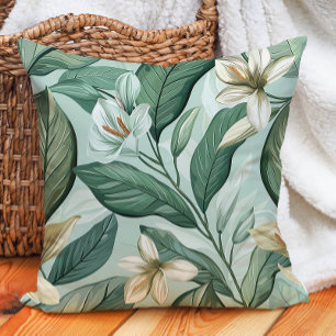 Coussin Feuilles Vertes Lys Blancs Botanique Floral Verdur