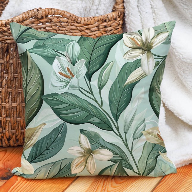 Coussin Feuilles Vertes Lys Blancs Botanique Floral Verdur (Green Leaves White Lilys Botanical Floral Greenery Throw Pillow)
