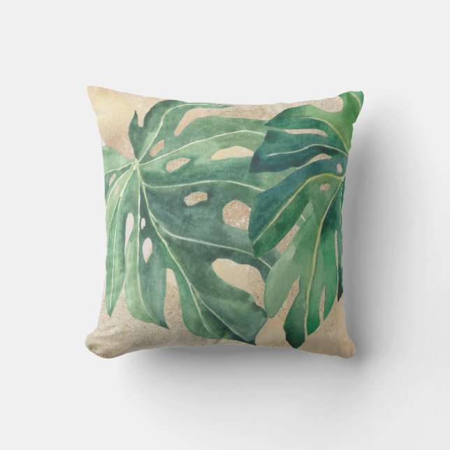 Coussin Feuilles Vertes Tropicales Monstera Sable Doré (Recto)