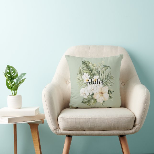 Coussin Feuilles Vertes Tropicales Orchidées Hibiscus Blan (Chaise)