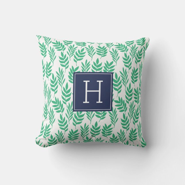 Coussin Feuilles verts et Monogramme bleu (Recto)