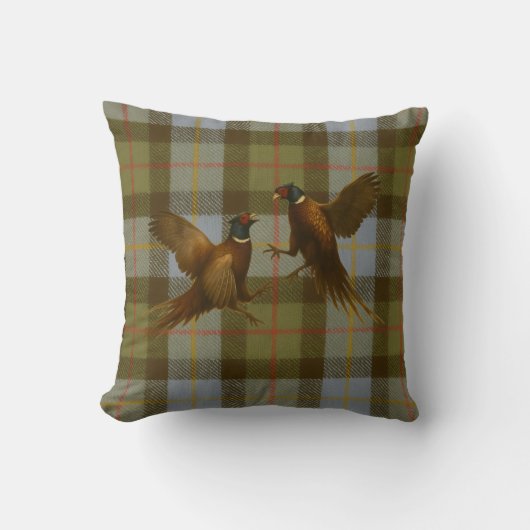 Coussin Fighting Pheasants on tweed / tartan background  (Recto)