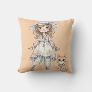 Coussin Fille à la mode se promenant avec son chat