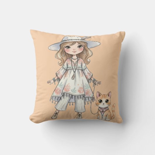 Coussin Fille à la mode se promenant avec son chat (Recto)