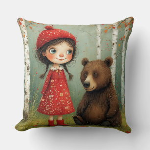 Coussin Fille adorable et ours dans une forêt fantaisiste