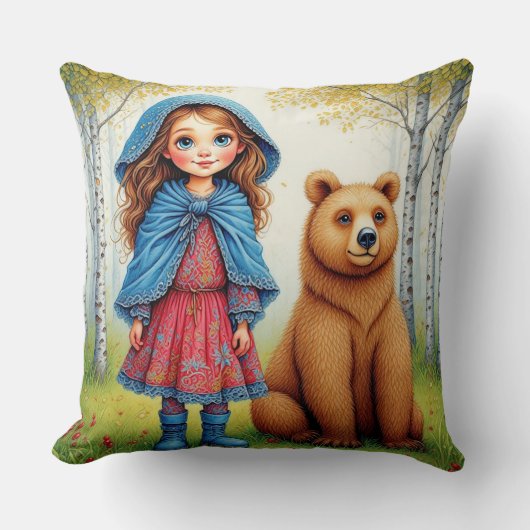 Coussin Fille adorable et ours dans une forêt fantaisiste (Recto)