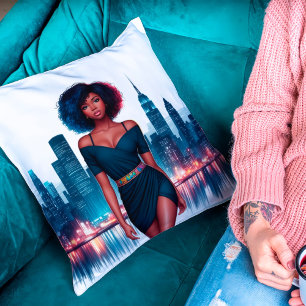 Coussin Fille Africaine stylisée Afro cheveux affaires