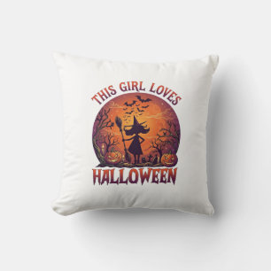 Coussin Fille aime Halloween Sorcière Citrouilles Chauves-
