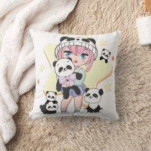 Coussin Fille Anime Adorable Entourée de Jouets Panda