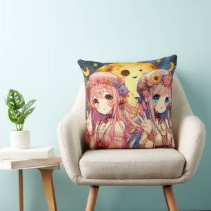 Coussin Fille Anime Hippie Lune Filles Faisant Signe de Pa
