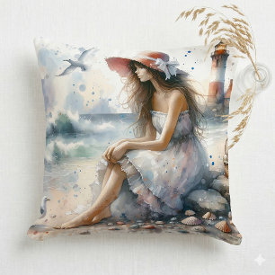 Coussin Fille aquarelle romantique près d'un phare