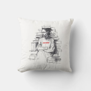 Coussin Fille assise sur le trône du livre - "Just Read"